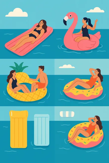 Personas flotando en colchonetas en el mar