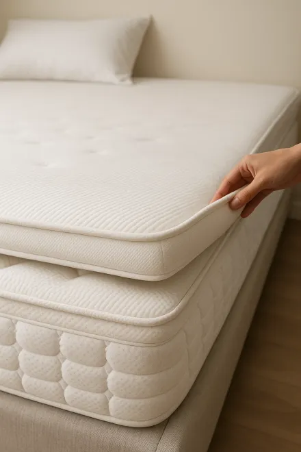 Person resting on a bed with an extra topper