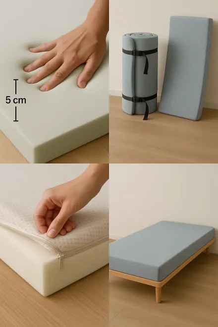 Memory foam mat rolled up and ready to store