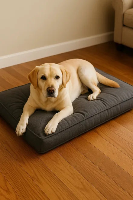 Dog resting on a padded mat