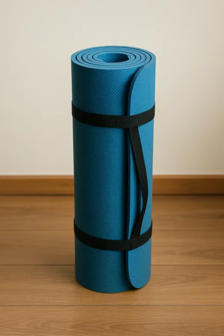 Blue roll-up mat laid out on the floor